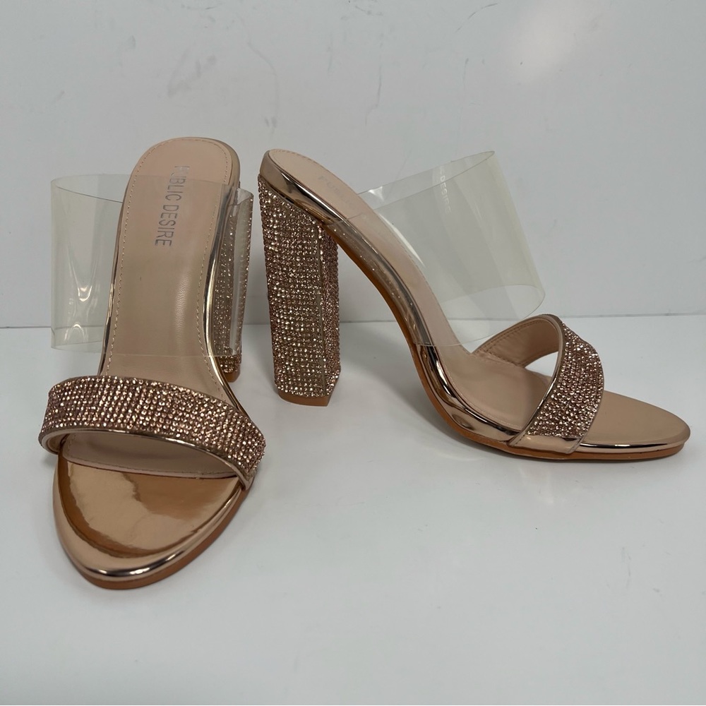 Public Desire Open Toe Clear Rose Gold Rhinestone Mules Sandals Sz 3 UK 5 US